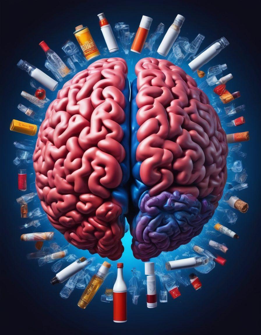 A visually striking representation of the human brain intertwined with symbols of various addictions like cigarettes, alcohol, and fast food, set against a gradient background of deep blues and vivid reds. Include shadowy figures in the background representing the struggle with addiction, while bright highlights symbolize moments of clarity and triumph. The overall aesthetic should evoke emotion and reflect the complexity of addiction psychology. surrealistic. vibrant colors. dramatic contrast.