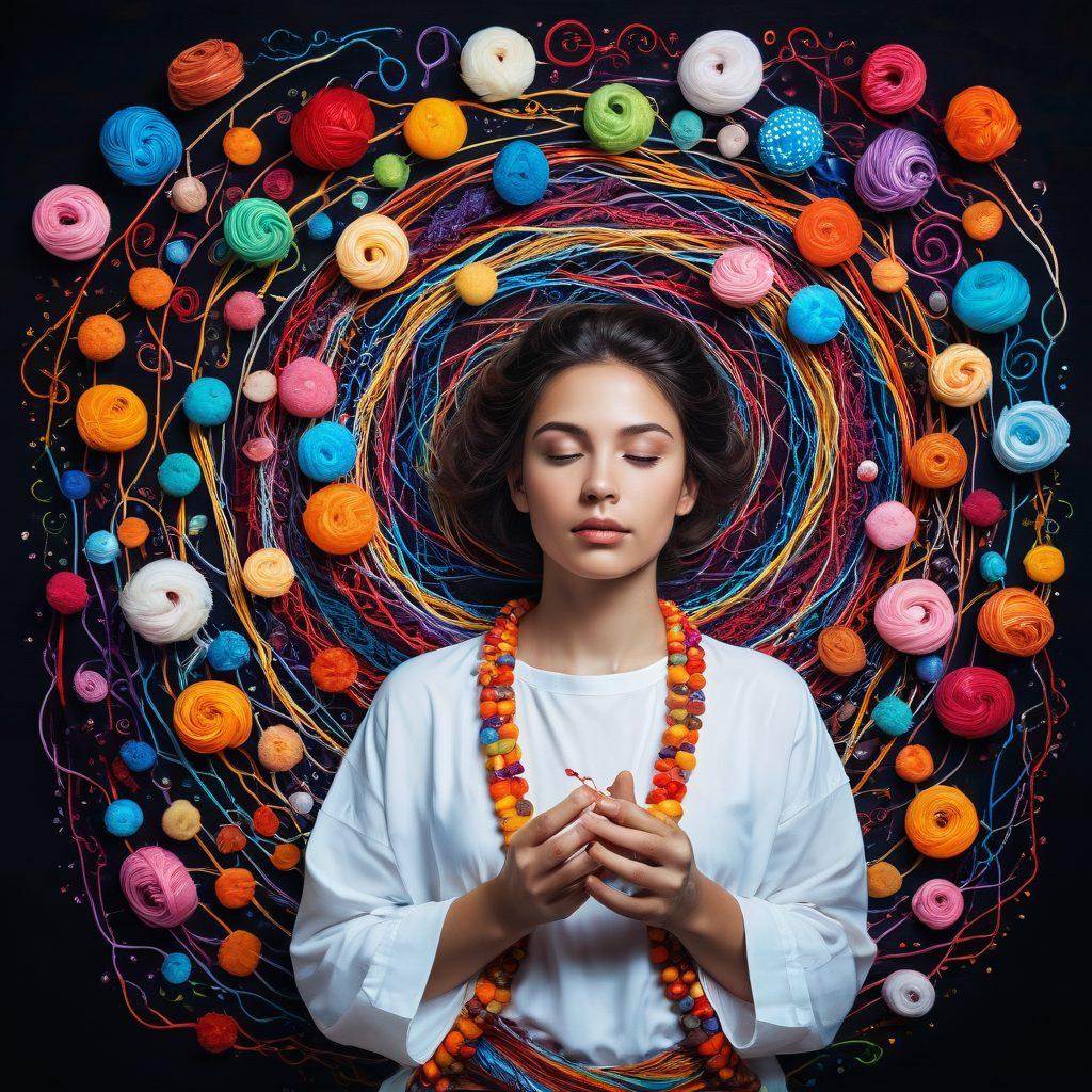 A surreal depiction of a person gently entangled in colorful threads symbolizing various addictions and passions, surrounded by floating sweets and vibrant symbols of obsession, with a dreamy background that blends darkness and light. The person has a contemplative expression, showing both allure and struggle. super-realistic. vibrant colors. ethereal atmosphere.