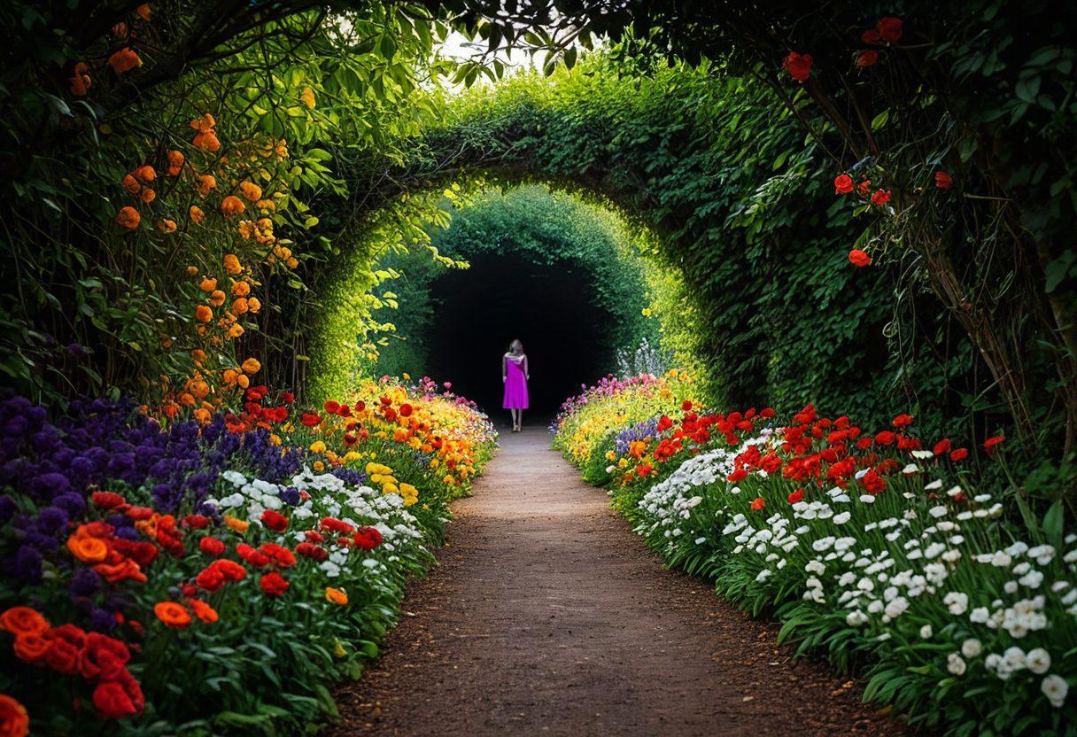 A detailed scene depicting a person standing at a crossroads, one path leading to a beautiful garden symbolizing devotion, filled with flowers and light, while the other path leads to a dark tunnel representing dependency, filled with chains and shadows. The person's face shows a mix of contemplation and emotion. Bright colors for the garden contrast with dark hues for the tunnel. surrealism. vibrant colors.